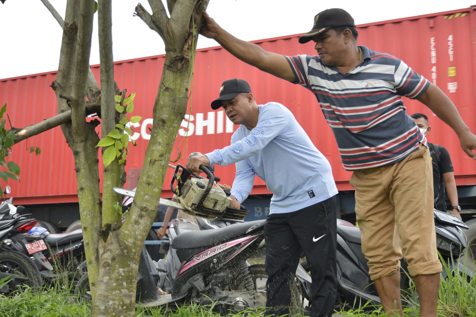 Foto Bupati Batu Bara Ir. H. Zahir, M.AP., ikut memotong pohon dalam gotong royong bersama.