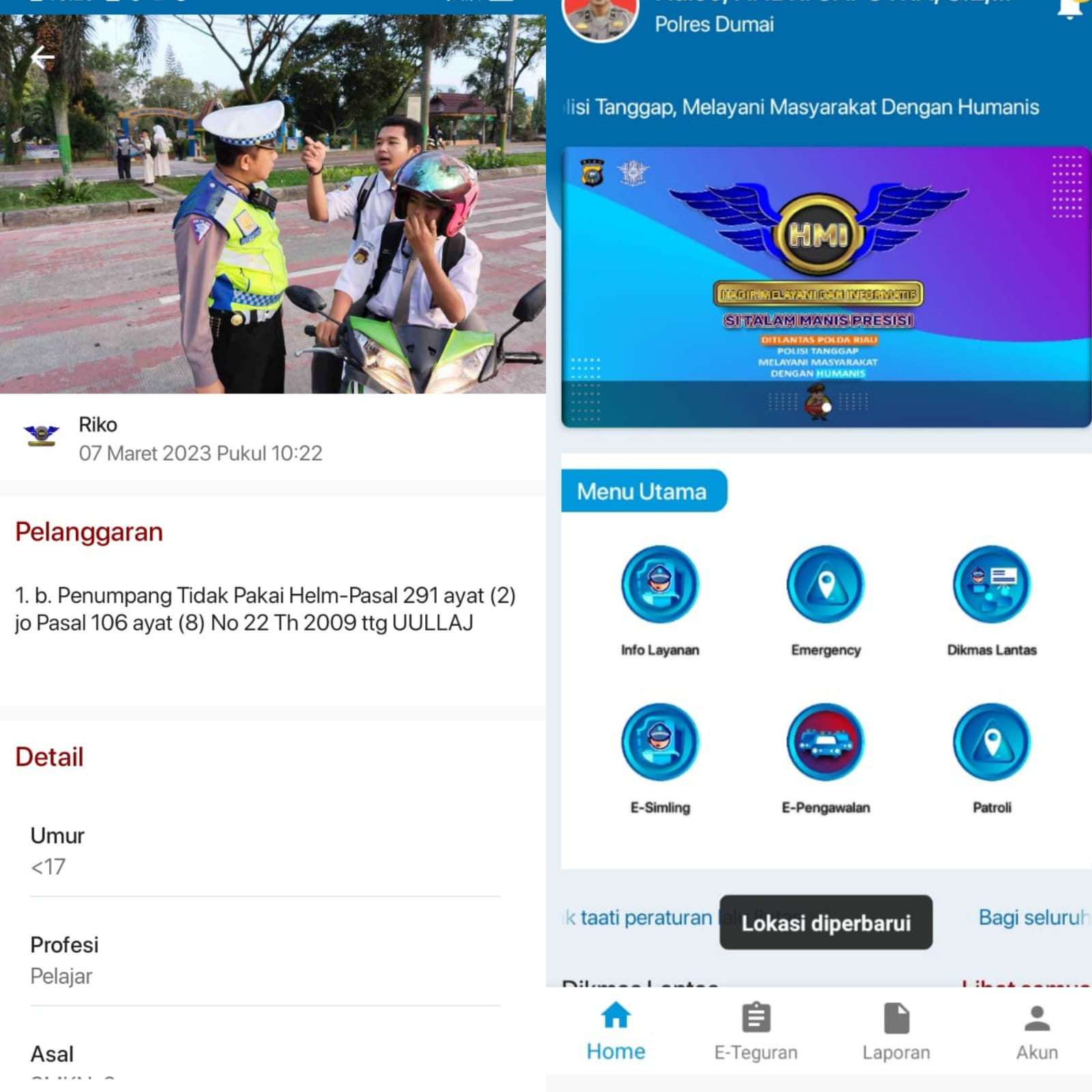 Foto tampilan Aplikasi Si Talam Manis Presisi (Polisi Lalu Lintas Tanggap Melayani Masyarakat dengan Humanis).