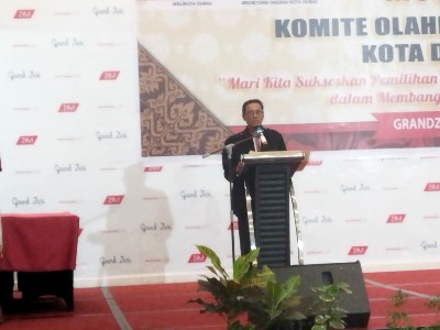 Foto : Ketua Umum KONI Kota Dumai periode 2019-2023 H. Khairuddin saat menyampaikan kata sambutan.