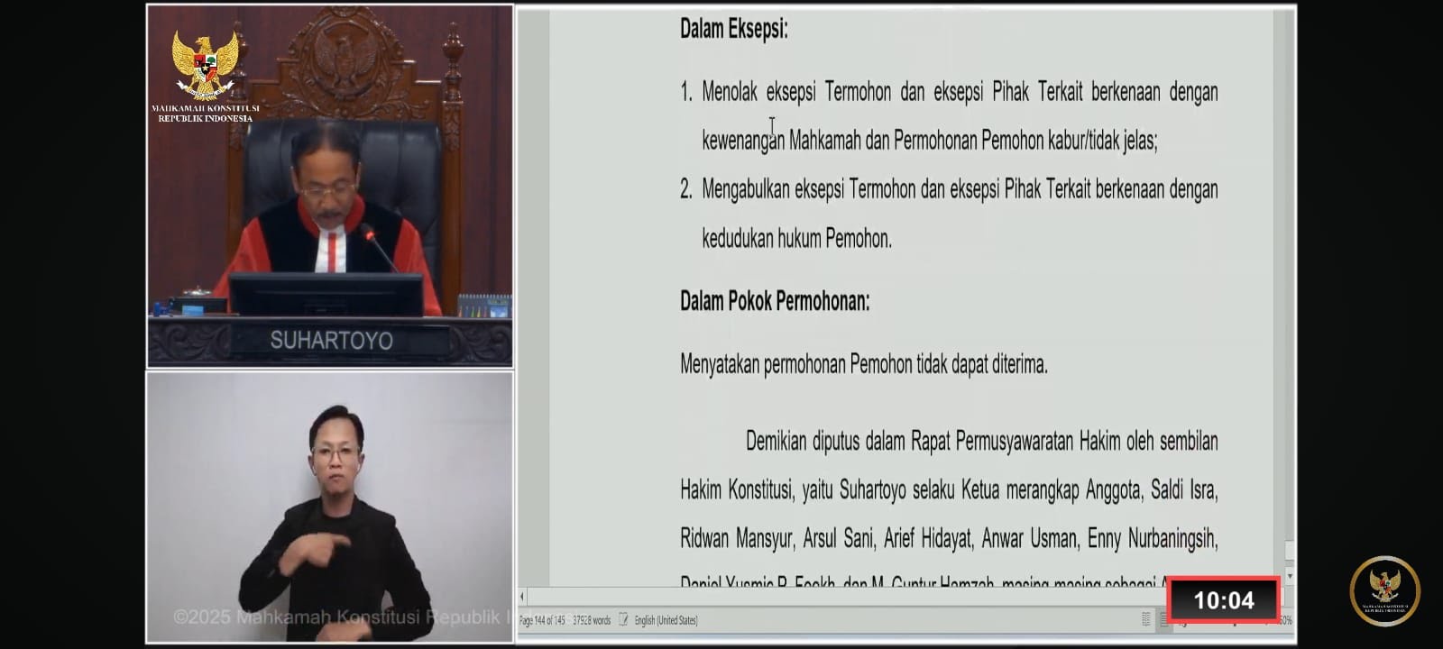 Foto : Tangkapan layar sidang pembacaan putusan PHPU. Sidang disiarkan langsung melalui kanal YouTube resmi MK, Selasa (2/4/2025). (Dok: Riauaktual)